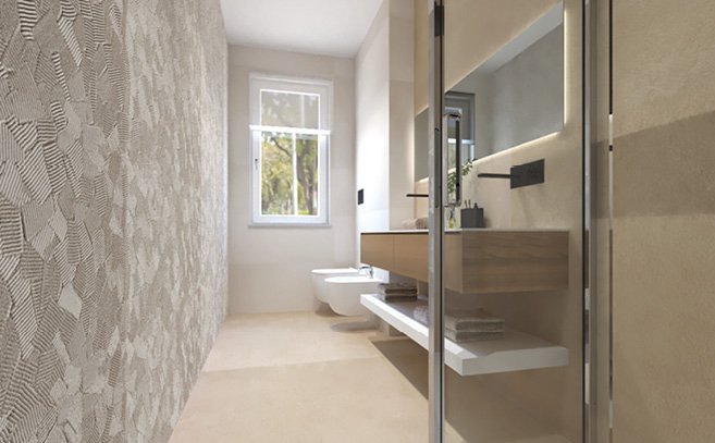 Image du projet de salle de bains de forme Rectangulaire, réalisée avec des carreaux de sol SUMMER et carreaux muraux LUMINA SAND ART, SUMMER