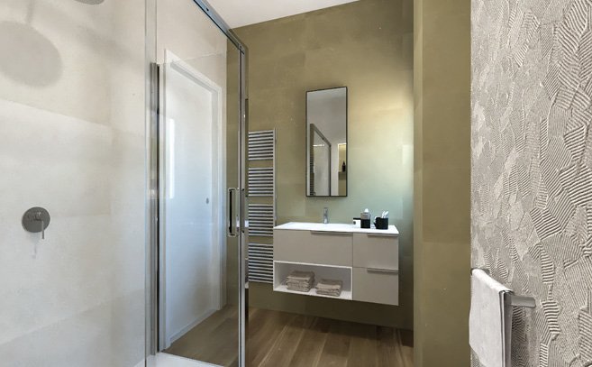 Image du projet de salle de bains de forme Rectangulaire, réalisée avec des carreaux de sol FAPNEST et carreaux muraux LUMINA SAND ART, SUMMER