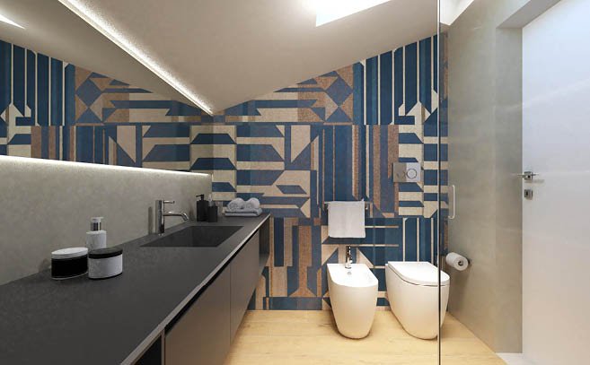 Badprojektbild in der Form Quadratisch, gestaltet mit Bodenfliesen ROOTS und Wandfliesen FAP MURALS, BLOOM