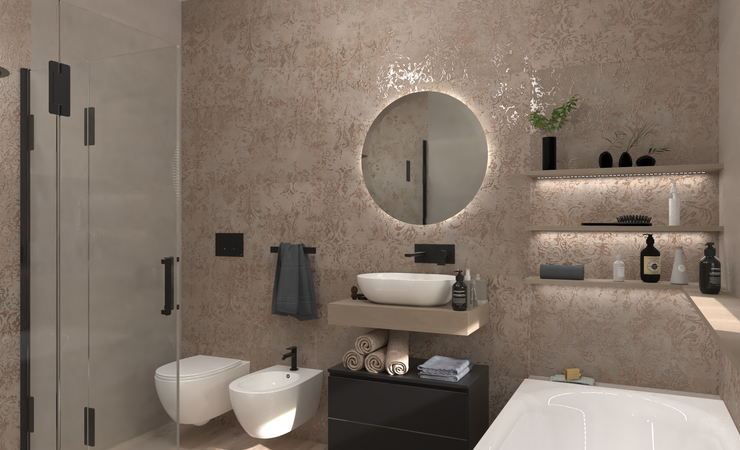 Bathroom design image in Rectangular shape, created with floor tiles ROOTS and wall tiles YLICO