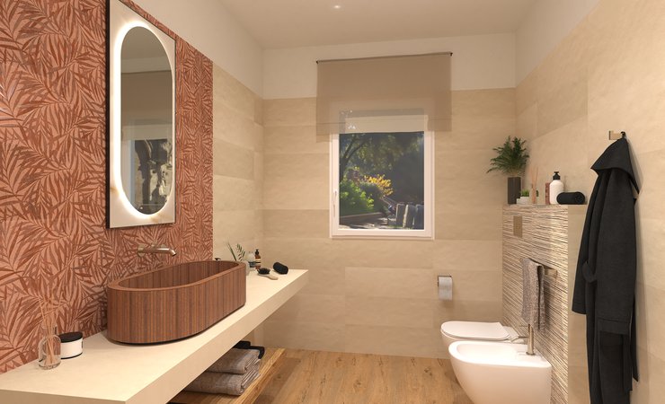Bathroom design image in Rectangular shape, created with floor tiles ROOTS and wall tiles SHEER, DECO&MORE