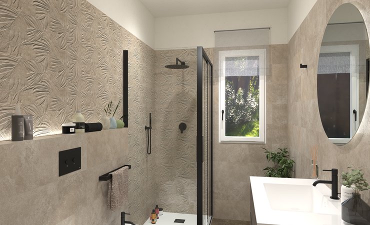 Bathroom design image in Rectangular shape, created with floor tiles NOBU and wall tiles NOBU