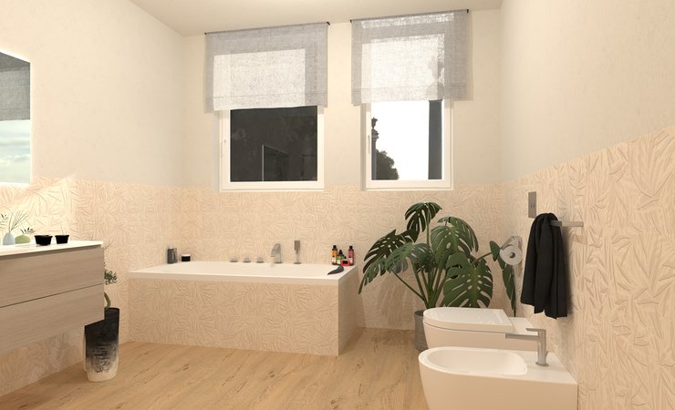Bathroom design image in Rectangular shape, created with floor tiles ROOTS and wall tiles DECO&MORE