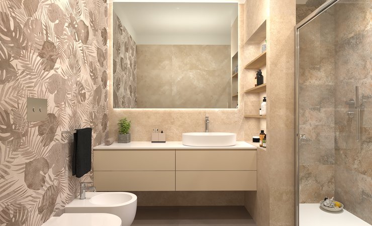 Bathroom design image in Rectangular shape, created with floor tiles SUMMER and wall tiles YLICO, NOBU