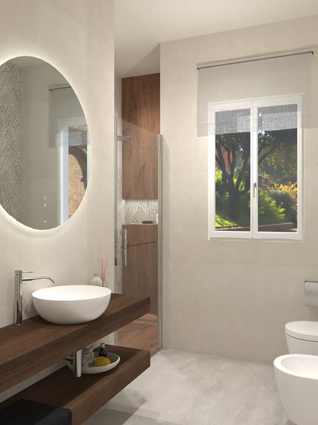 Bathroom design image in Rectangular shape, created with floor tiles YLICO, ROOTS and wall tiles BLOOM, ROOTS
