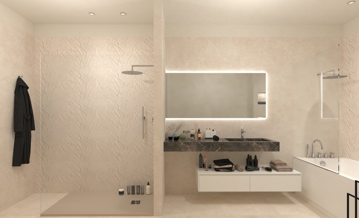 Bathroom design image in Rectangular shape, created with floor tiles NOBU and wall tiles NOBU