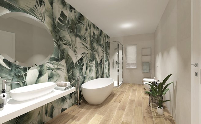 Bathroom design image in Rectangular shape, created with floor tiles FAPNEST and wall tiles BLOOM