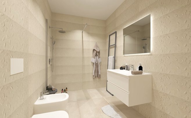 Bathroom design image in Squared shape, created with floor tiles MAKU and wall tiles LUMINA STONE