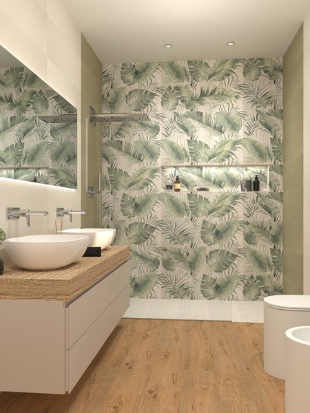 Bathroom design image in Rectangular shape, created with floor tiles SUMMER, ROOTS and wall tiles DECO&MORE, SUMMER