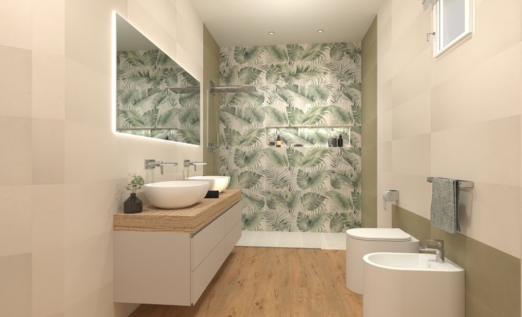 Bathroom design image in Rectangular shape, created with floor tiles SUMMER, ROOTS and wall tiles DECO&MORE, SUMMER