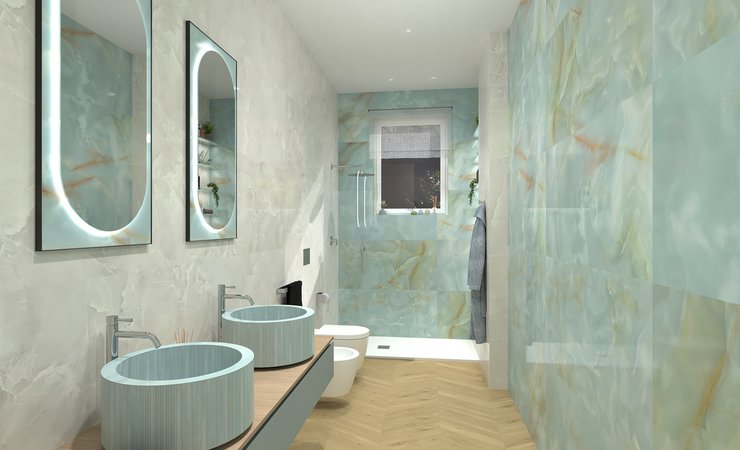Bathroom design image in Rectangular shape, created with floor tiles ROOTS and wall tiles GEMME, ROMA GOLD