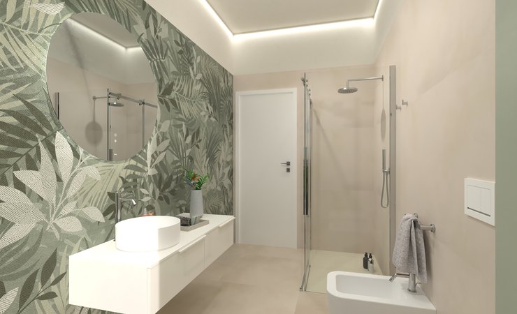 Bathroom design image in Rectangular shape, created with floor tiles MILANO MOOD and wall tiles FAP MURALS, BLOOM