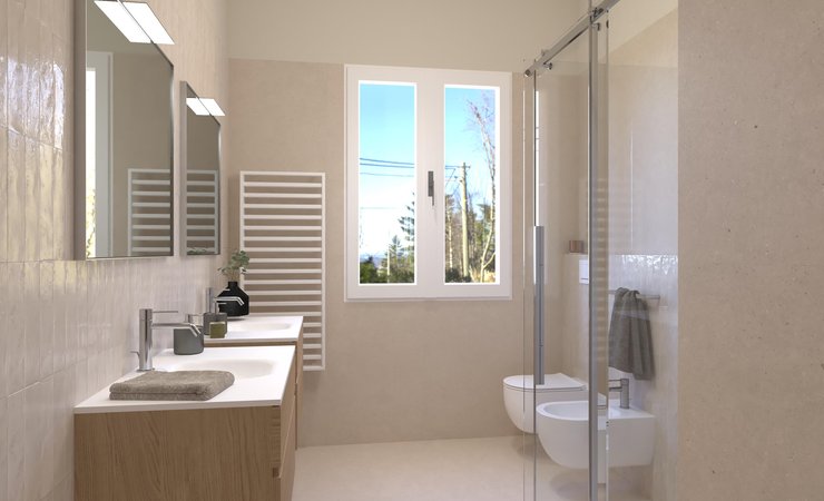 Bathroom design image in Rectangular shape, created with floor tiles MATERIA PURA and wall tiles GLIM, MATERIA PURA
