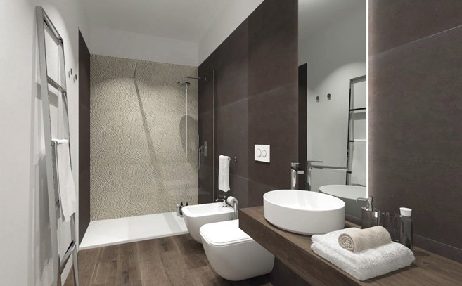 Badprojektbild in der Form Rechteckig, gestaltet mit Bodenfliesen FAPNEST und Wandfliesen BLOOM