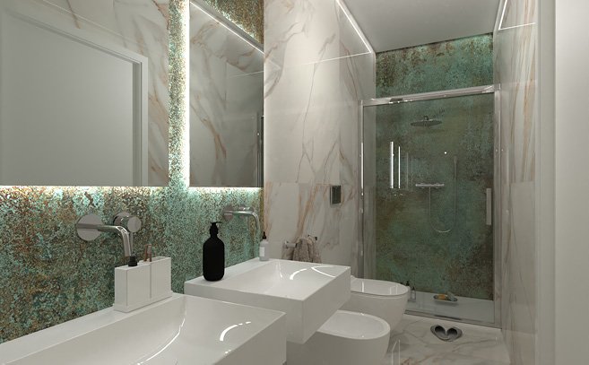 Bathroom design image in Rectangular shape, created with floor tiles ROMA GOLD and wall tiles ROMA GOLD