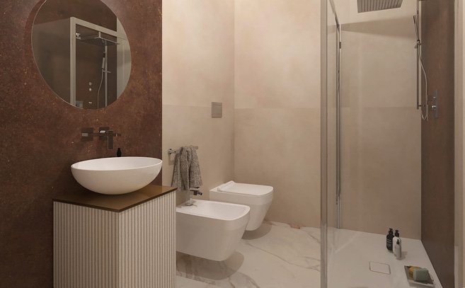 Bathroom design image in Rectangular shape, created with floor tiles ROMA GOLD and wall tiles MILANO MOOD