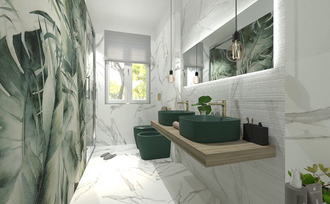Bathroom design image in Rectangular shape, created with floor tiles ROMA and wall tiles ROMA, BLOOM