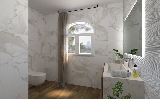 Bathroom design image in Squared shape, created with floor tiles FAPNEST and wall tiles ROMA