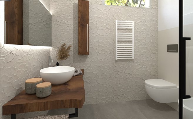 Bathroom design image in Squared shape, created with floor tiles MAKU and wall tiles LUMINA SAND ART