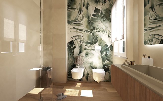 Bathroom design image in Rectangular shape, created with floor tiles FAPNEST and wall tiles SHEER, BLOOM
