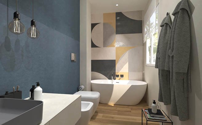 Bathroom design image in Rectangular shape, created with floor tiles FAPNEST and wall tiles BLOOM, FAP MURALS