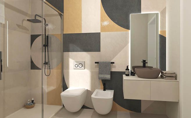 Bathroom design image in Rectangular shape, created with floor tiles SHEER and wall tiles SHEER, FAP MURALS
