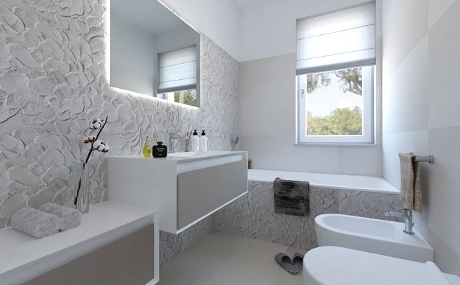 Image du projet de salle de bains de forme Rectangulaire, réalisée avec des carreaux de sol SUMMER et carreaux muraux LUMINA SAND ART