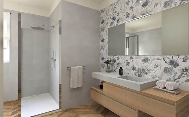 Bathroom design image in Squared shape, created with floor tiles FAPNEST and wall tiles MILANO MOOD
