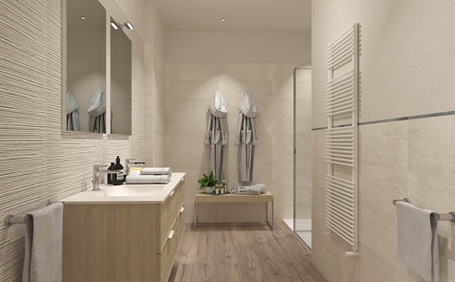 Bathroom design image in Rectangular shape, created with floor tiles ROOTS and wall tiles MAKU