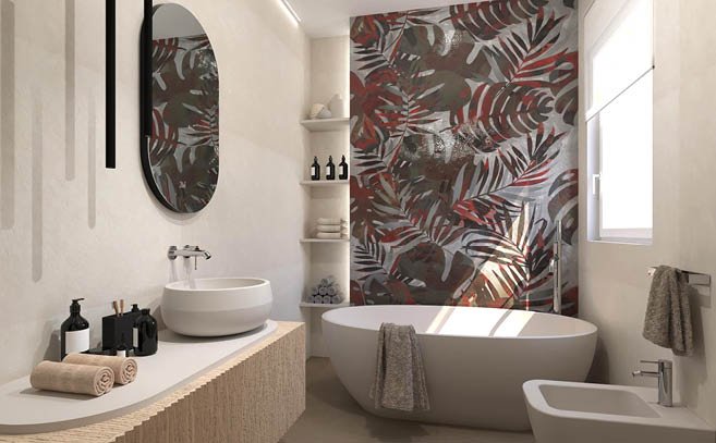 Bathroom design image in Rectangular shape, created with floor tiles SHEER and wall tiles BLOOM, FAP MURALS