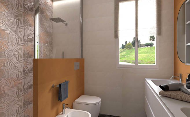 Bathroom design image in Squared shape, created with floor tiles ROMA DIAMOND and wall tiles DECO&MORE