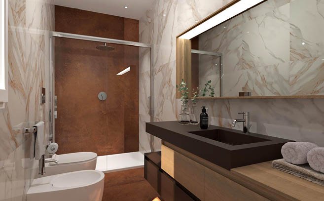 Bathroom design image in Rectangular shape, created with floor tiles  and wall tiles ROMA GOLD