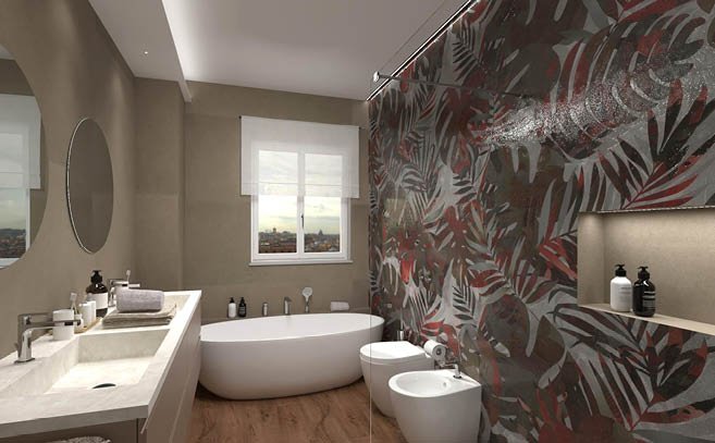 Bathroom design image in Rectangular shape, created with floor tiles ROOTS and wall tiles SHEER, FAP MURALS