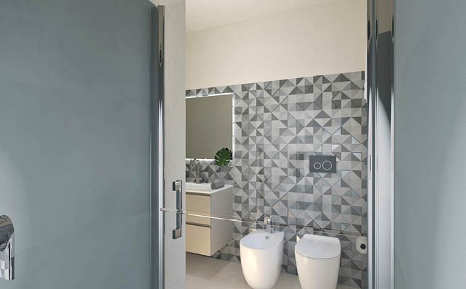 Badprojektbild in der Form Rechteckig, gestaltet mit Bodenfliesen MILANO MOOD und Wandfliesen MILANO MOOD