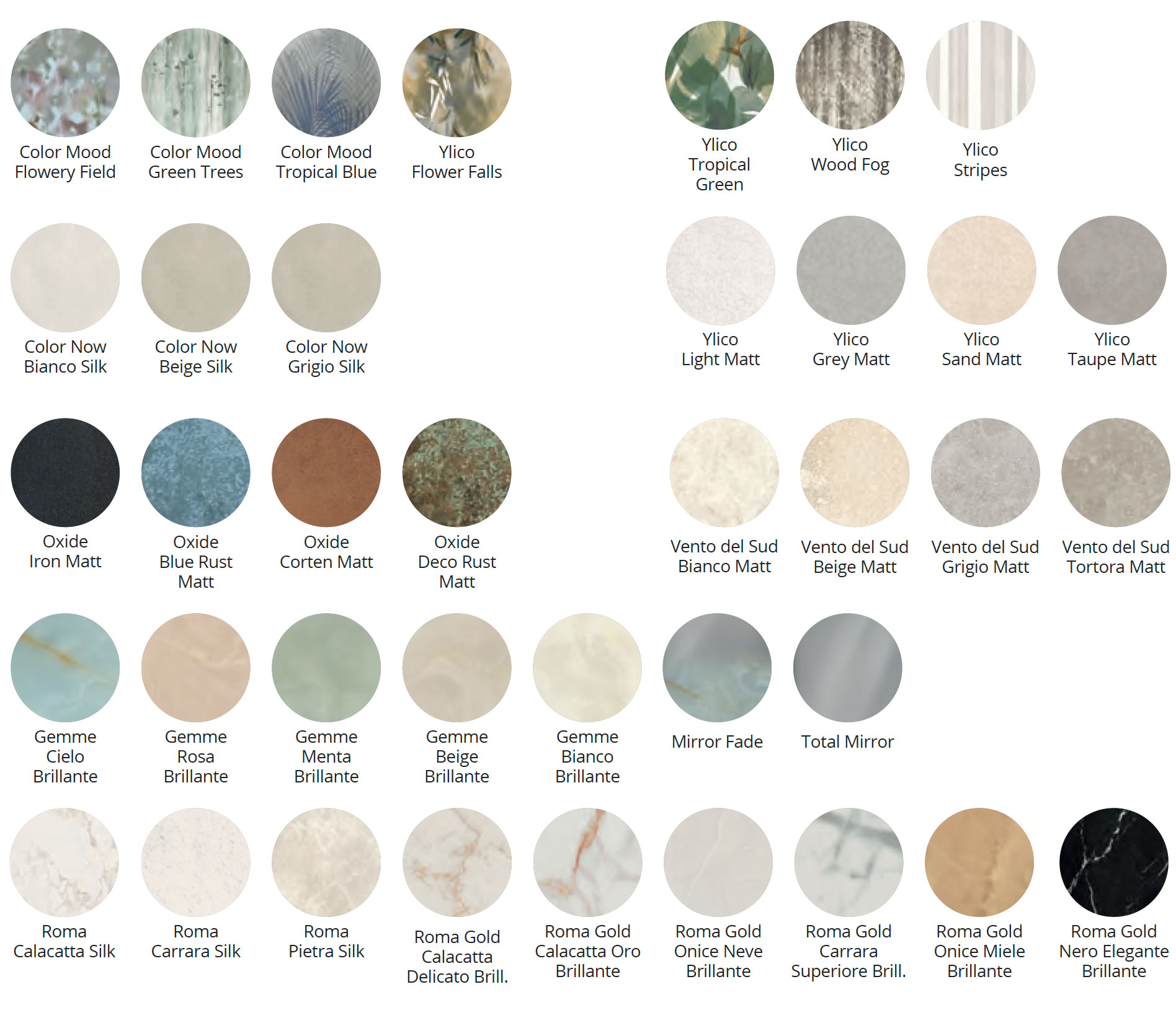 FAP+ Contatto finishes palette: colours and textures including stone, wood, oxide, marble and gemstone effects in matt and glossy versions.