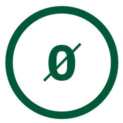 Green symbol with crossed-out Ø in a circle, indicating the absence of plastic in FAP Ceramics' materials and production processes.