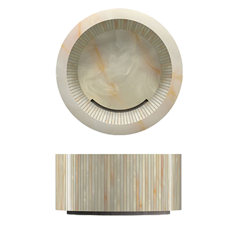 Round countertop washbasin in ceramic with Gemme Beige Brillante finish, vertical slatted texture and glossy surface.