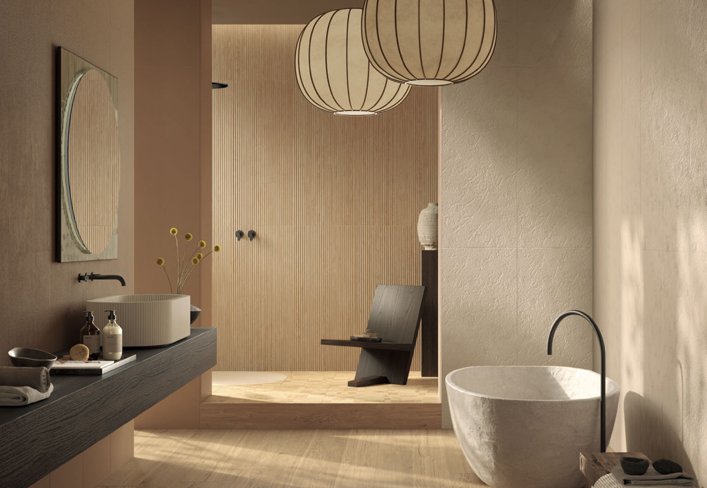 Elegant bathroom with beige wainscoting, white striped sink, matte black minimal furniture, freestanding bathtub, Japanese-style hanging lights.