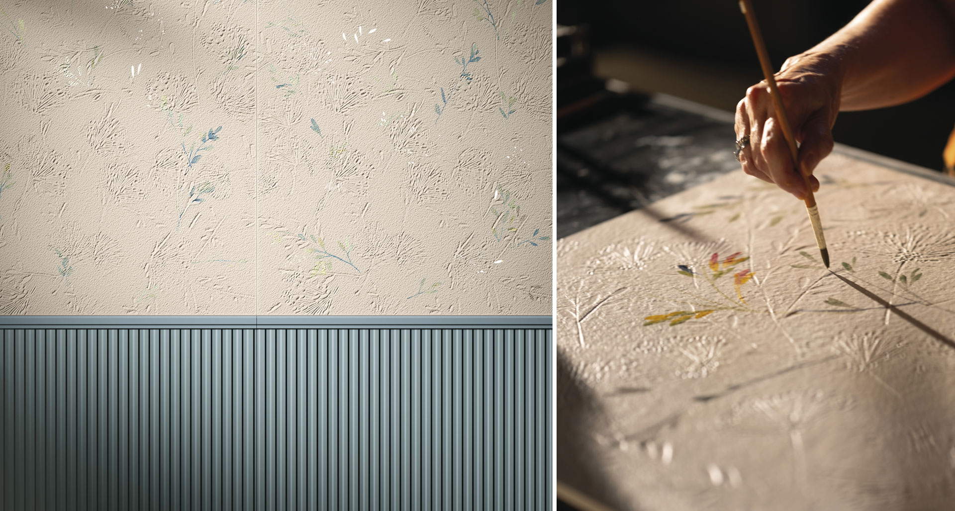Beige ceramic wall with hand-painted floral reliefs and light blue fluted boiserie juxtaposed with  hand-painted and engraved floral decoration on textured ceramic surface.