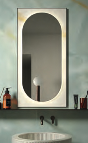 Portale mirror on powder blue wall, striped washbasin and contrasting shelf with beauty items and black taps.