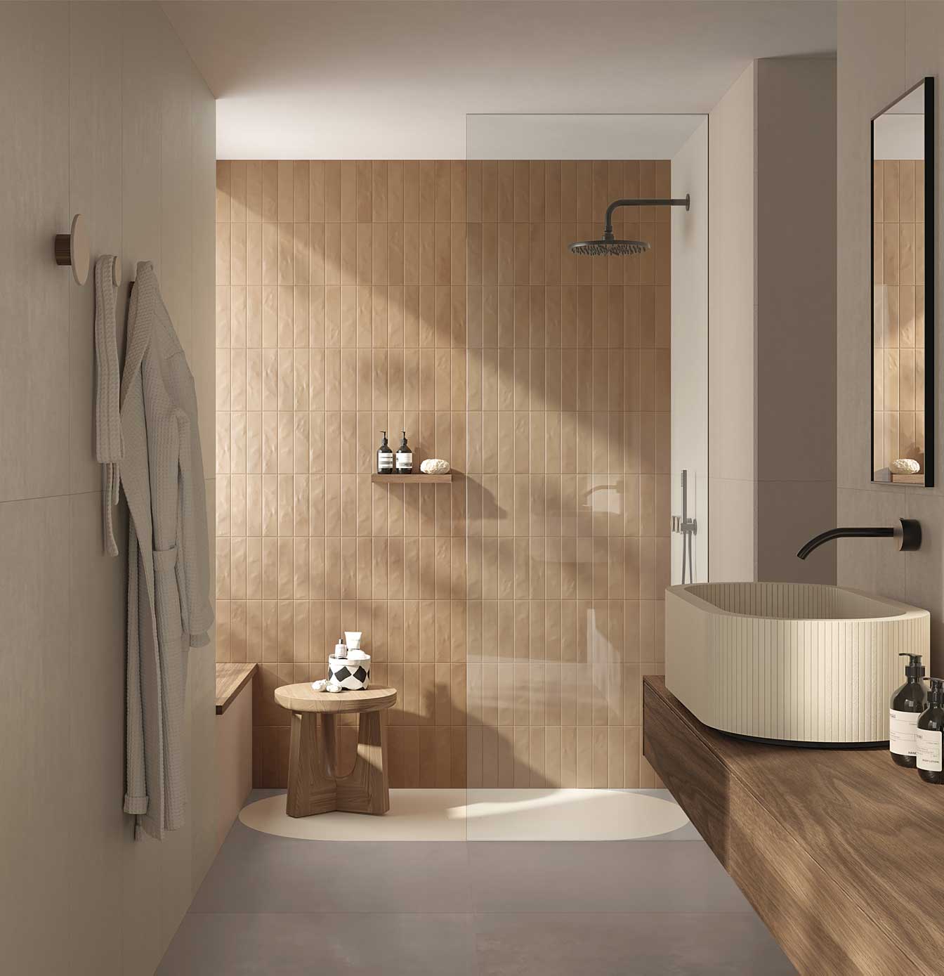 Bathroom with walk-in shower, beige brick-effect ceramic wall tiles, light striped washbasin and dark wood-effect stoneware countertop, light floor.