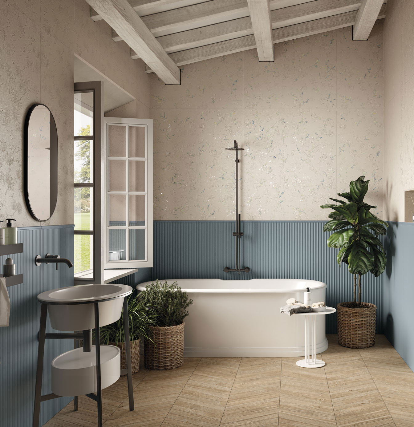 Bathroom with textural beige walls, light blue ceramic wainscoting, wood effect floor and white beamed ceiling.