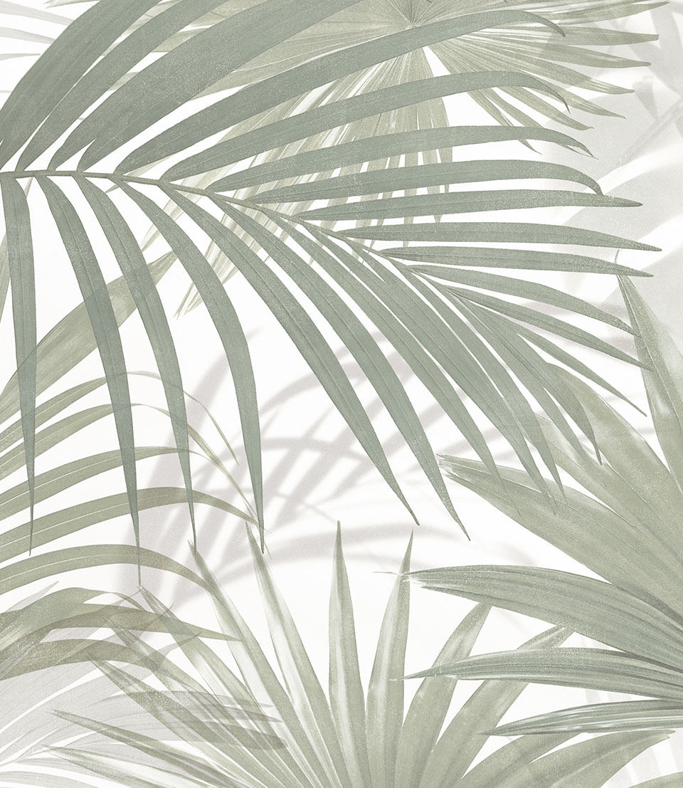 White ceramic decoration with green tropical leaf motifs, luminous texture that recalls the natural freshness of outdoor environments.