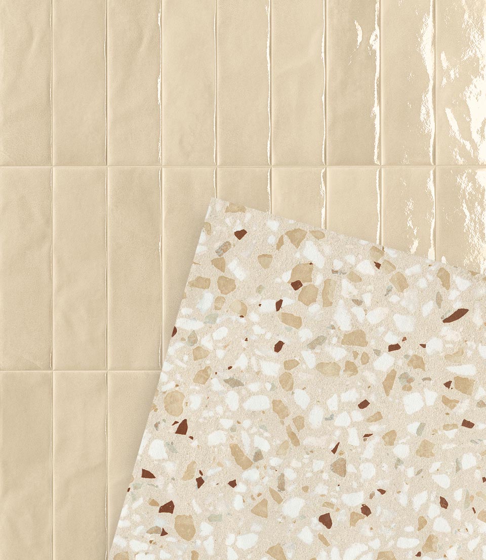 Moodboard of shiny beige brick effect tiles and light terrazzo effect tiles with biscuit-coloured inserts in a refined material combination.