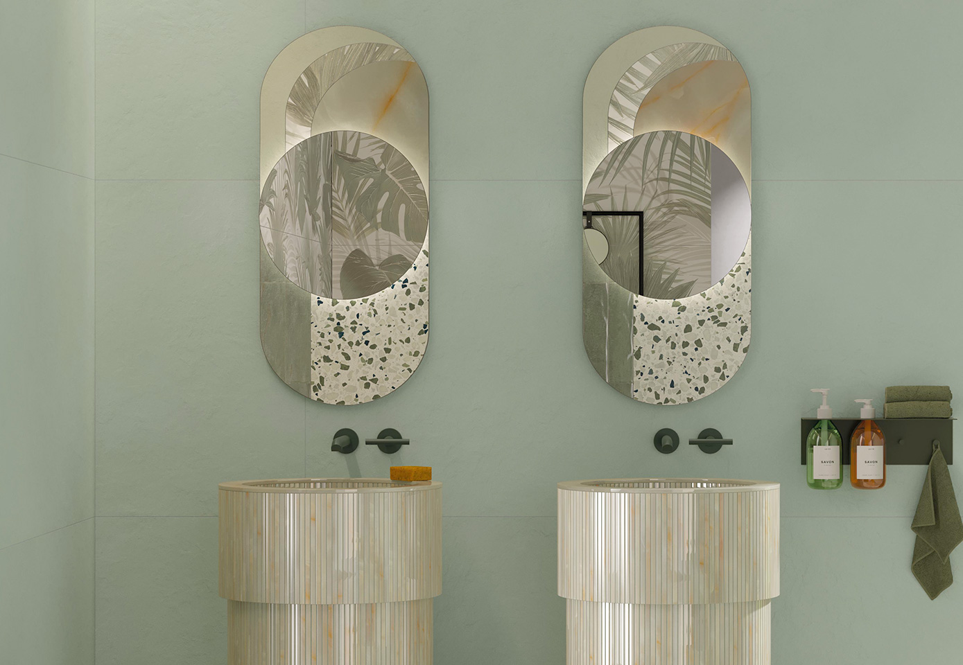 Detail of striped onyx washbasin, oval decorative mirrors, sage green ceramic wall tiles.