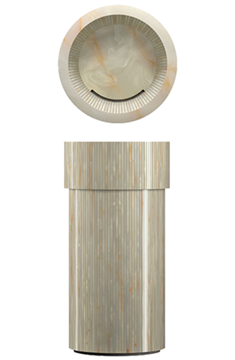 Freestanding cylindrical washbasin in ceramic with a Gemme Beige Brillante finish, with a glossy vertical slatted coating.