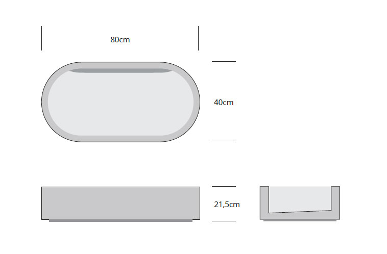 Technical drawing of oval ceramic washbasin, dimensions 80x40 cm, height 21.5 cm, vertical slatted finish for countertop installation.