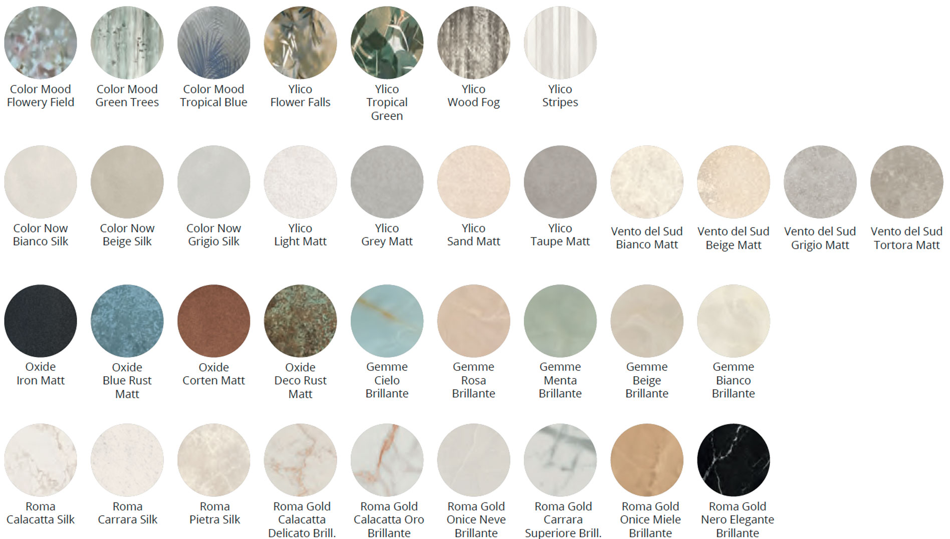 Impronte finishes palette with stone, oxide, marble and gemstone effect ceramic variants in matt and glossy textures.