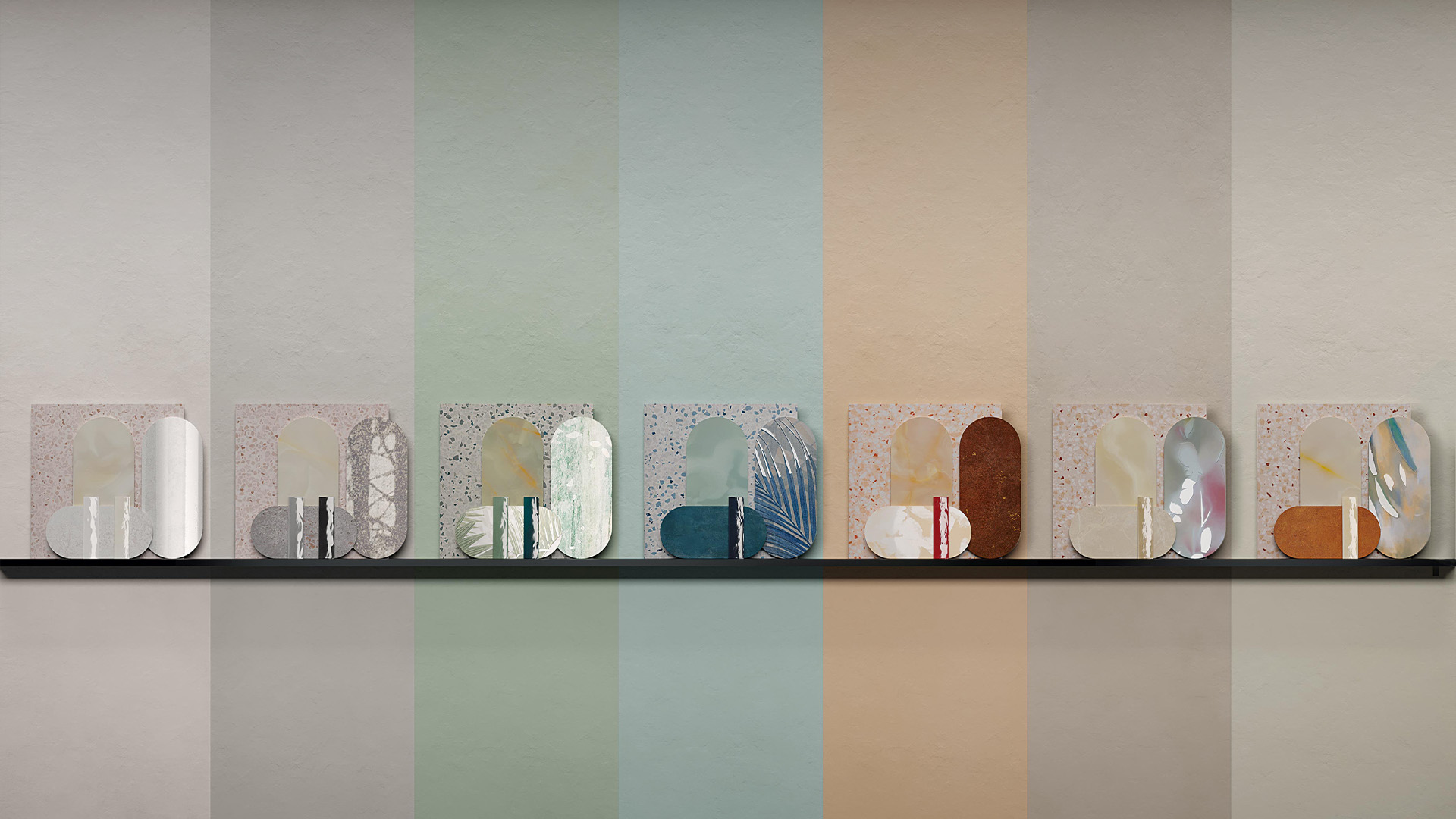 Mood board featuring terrazzo-textured ceramics, polished onyx and textured decorations on walls with pastel stripes in shades of green, blue, peach and neutral colours.