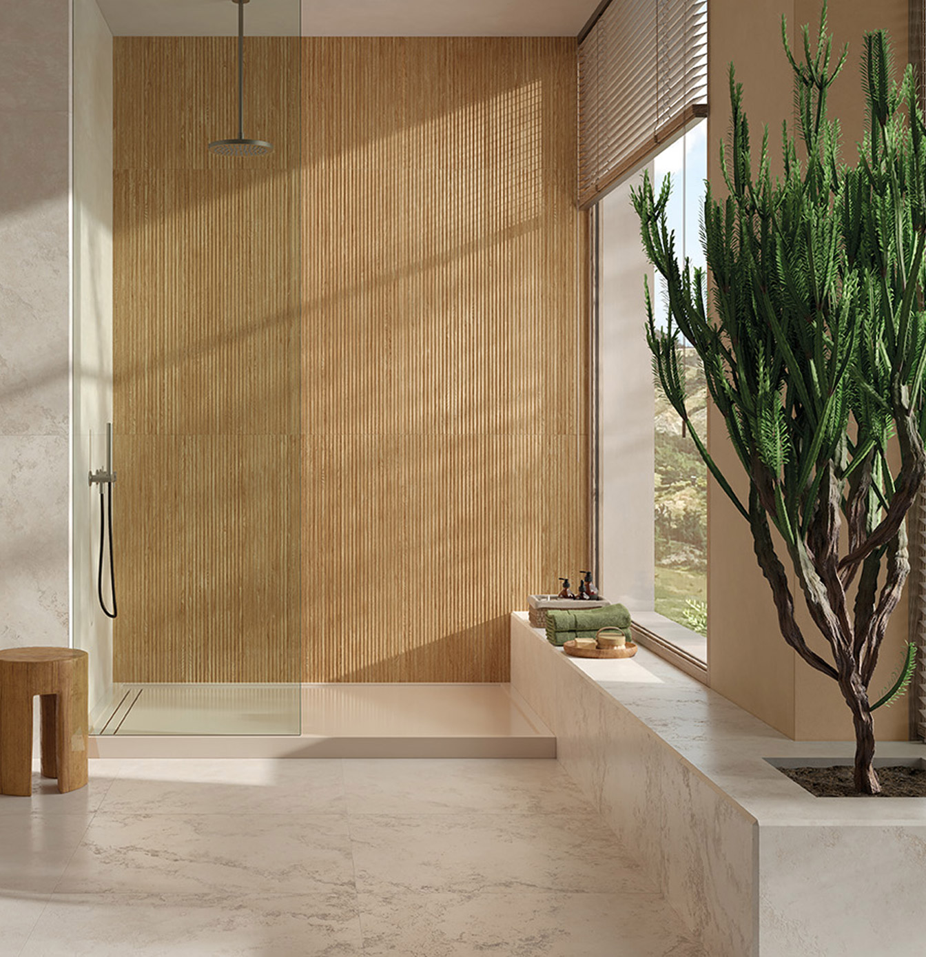 Bathroom with wood-effect stoneware shower wall, light stone-effect stoneware floor and seat, large window and green floor plan.